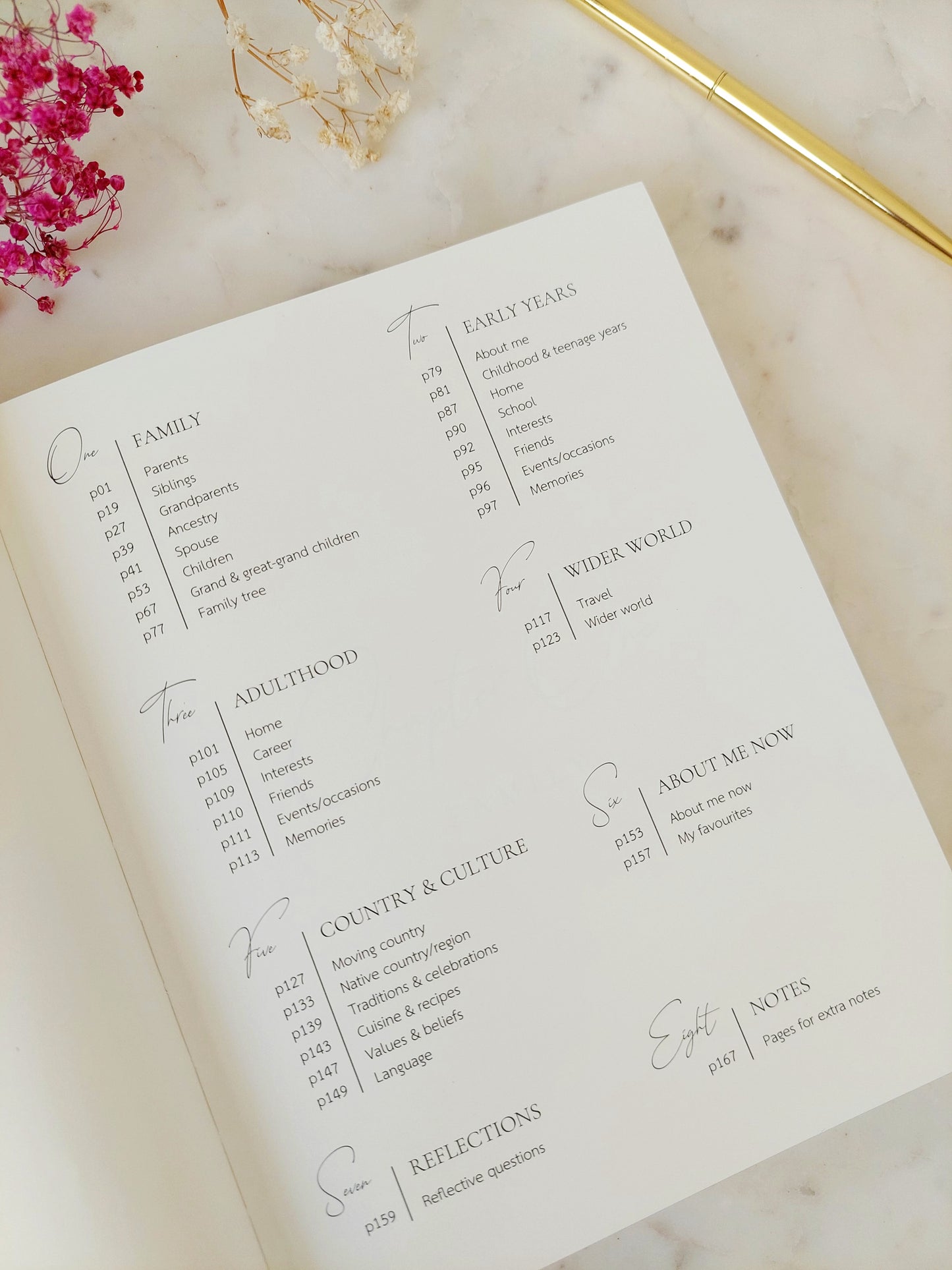 Open journal showing the legacy book contents page. Chapter headings:
1 Family
2 Early Years
3 Adulthood
4 Wider World
5 Country & Culture
6 About Me Now
7 Reflections
8 Notes
Each chapter has detailed subheadings with page numbers